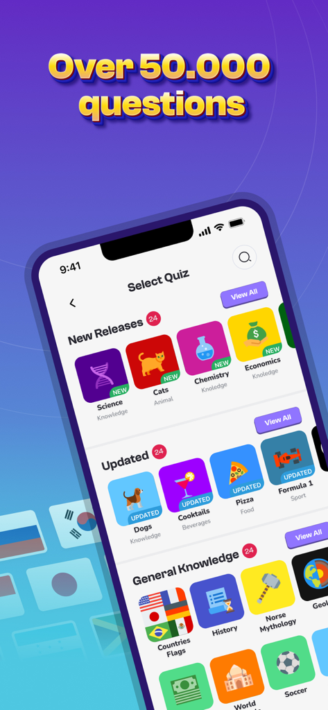 QuizWiz - Trivia App - Interfaz de la aplicación QuizWiz mostrando múltiples categorías de trivia, incluyendo ciencia, historia y conocimiento general