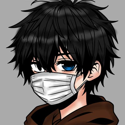 manga boy with hair covering one eye and a mask over his mouth