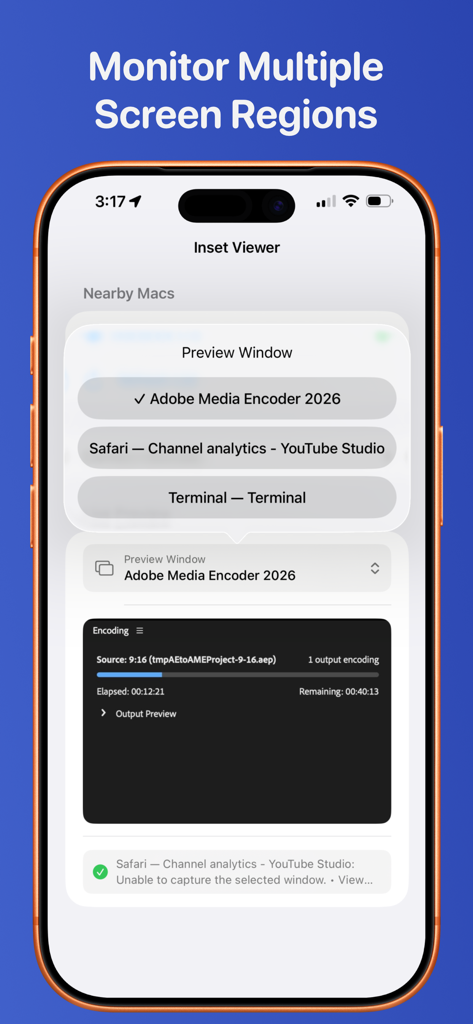 Inset app interface showing remote Mac screen monitoring on an iPhone