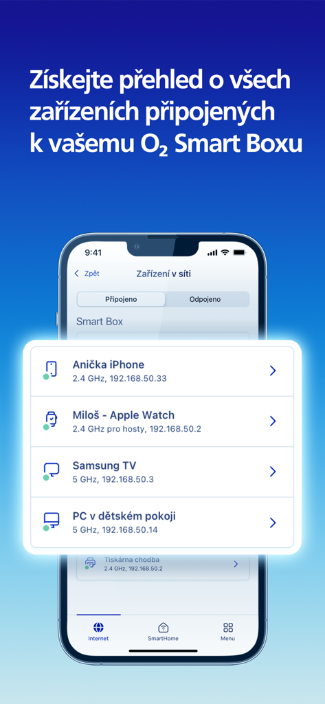 O2 Smart Box - O2 Smart Box app interface showing a list of connected devices like an iPhone and a smart TV.
