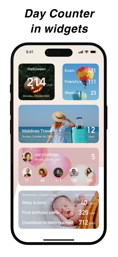 Various aesthetic countdown widgets on an iPhone home screen for events like travel and birthdays.
