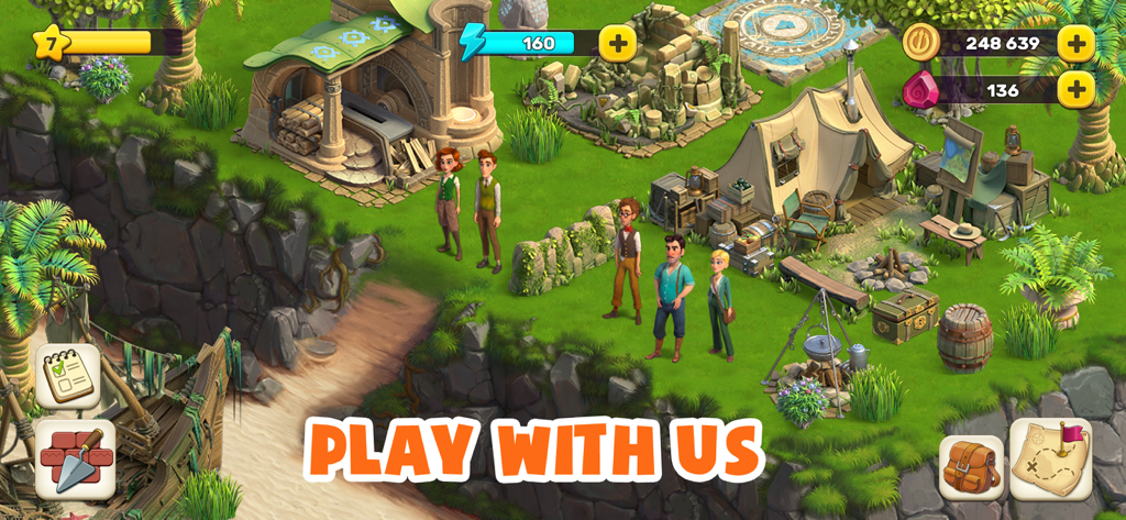 Atlantis Odyssey - Characters standing near a campsite and ancient workshop on a tropical island in Atlantis Odyssey
