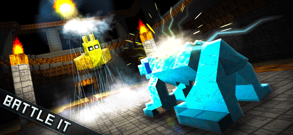Two custom-built voxel monsters battling in a dark arena with lightning and fire effects