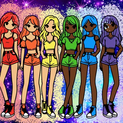 a group of girls wearing crop tops and shorts