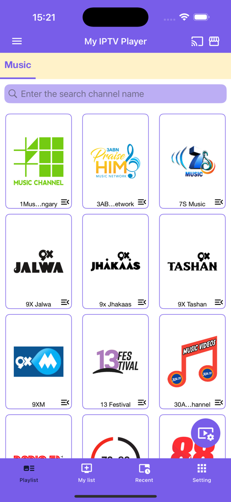 Una captura de pantalla de la interfaz de la aplicación My IPTV Player que muestra una categoría de música con una cuadrícula de varios logotipos de canales de música y una barra de búsqueda.