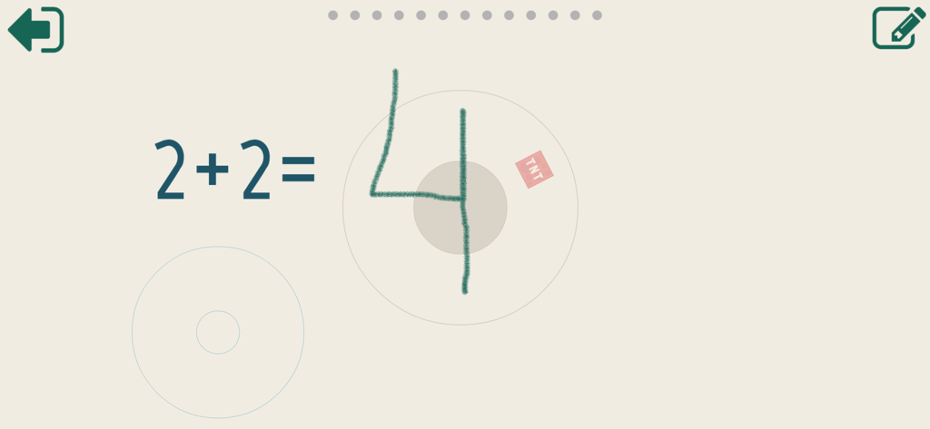 Вычитание и сложение до 10 - A child's handwritten number four as the answer to an addition problem in a math learning app.