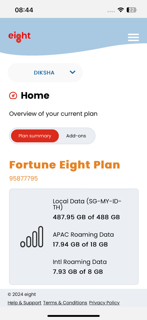 eight Telecom - Dashboard of eight Telecom app showing local and international roaming data consumption