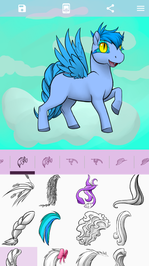 Avatar Maker: Pony 2 - A blue winged pony character being customized in the Avatar Maker Pony 2 app interface