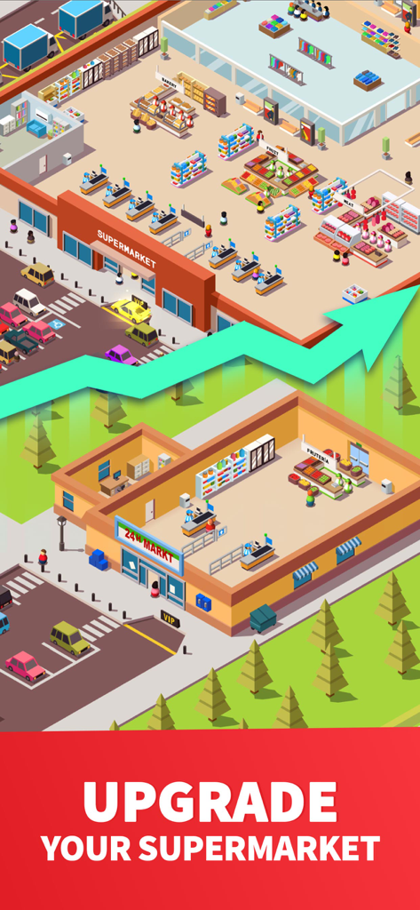 Idle Supermarket Tycoon - Shop - Vista isométrica de un supermercado que crece de una tienda pequeña a un gran imperio minorista con una flecha de crecimiento verde