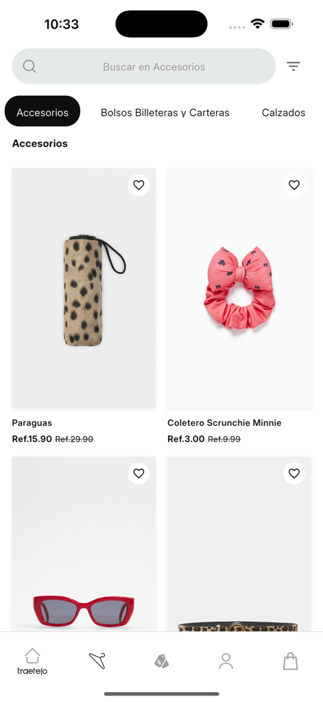 Traetelo Fashion Shopping - Interfaccia dell'app mobile Traetelo che mostra la categoria di prodotti per accessori.