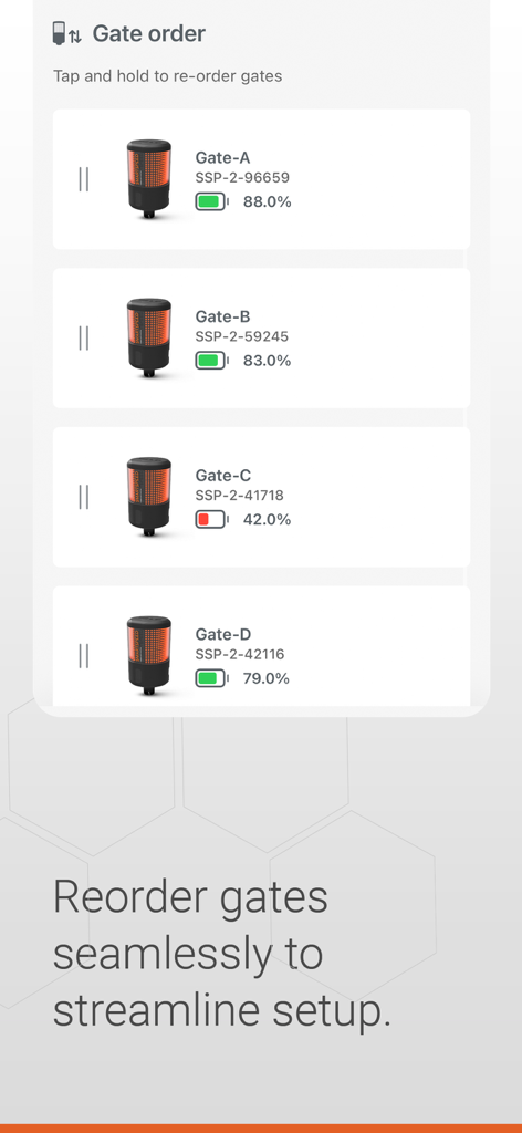 SmartSpeed Plus - Interface for reordering timing gates and monitoring battery levels in the SmartSpeed Plus app