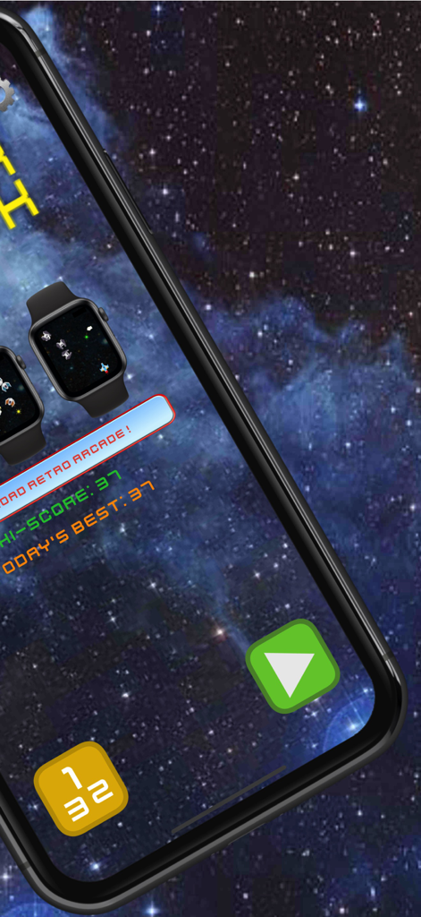 Jupiter Attack - Menu screen of Jupiter Attack game on iPhone with space background and Apple Watch integration preview