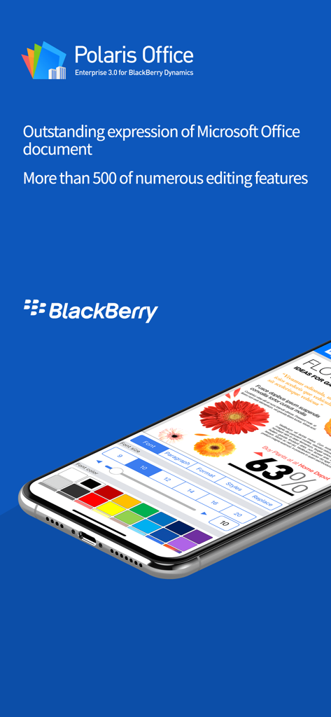 Mobile document editing interface in Polaris Office for BlackBerry showing font color and formatting tools