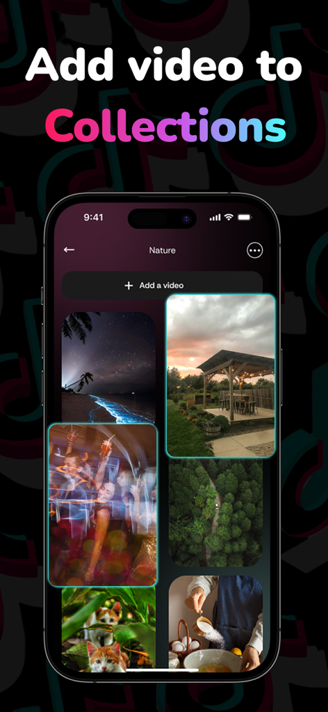 Un smartphone mostrando la interfaz de la aplicación Tick Video Saver con una colección de naturaleza de miniaturas de videos guardados.
