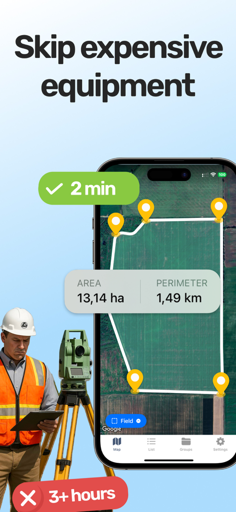 Land Field Area Measure GPS - Una comparación que muestra la aplicación LandLens midiendo un campo en 2 minutos en comparación con la topografía manual tradicional que tarda más de 3 horas.