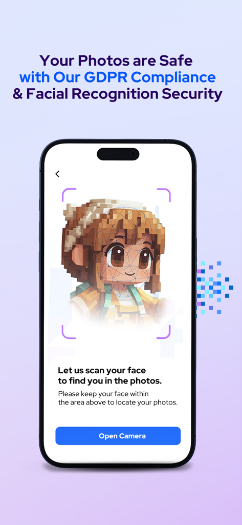 Photier - Photier app interface showing facial recognition scanning for secure photo retrieval and GDPR compliance