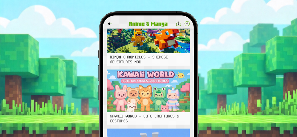 Mods for Minecraft PE ㅤ - Une capture d'écran de la catégorie Anime et Manga dans l'application Mods pour Minecraft PE présentant les mods Kawaii World et Ninja Chronicles