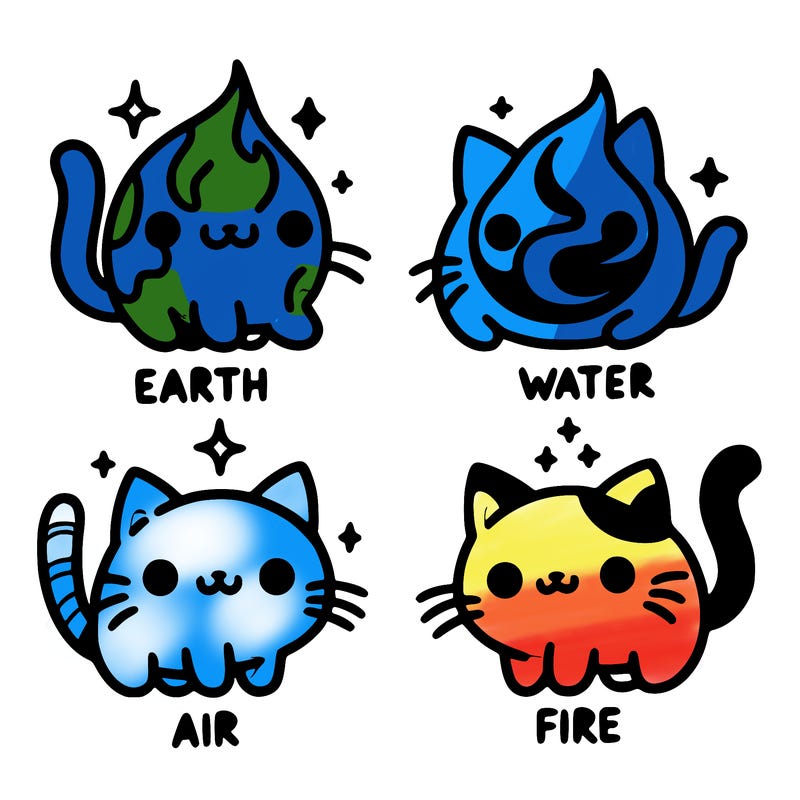 4 cats that represent the different elements, earth, water, air, and fire