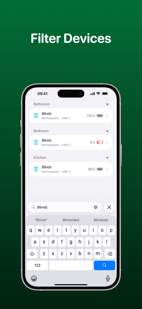 HomeBatteries for HomeKit - HomeBatteries app interface showing a search filter for smart home device batteries