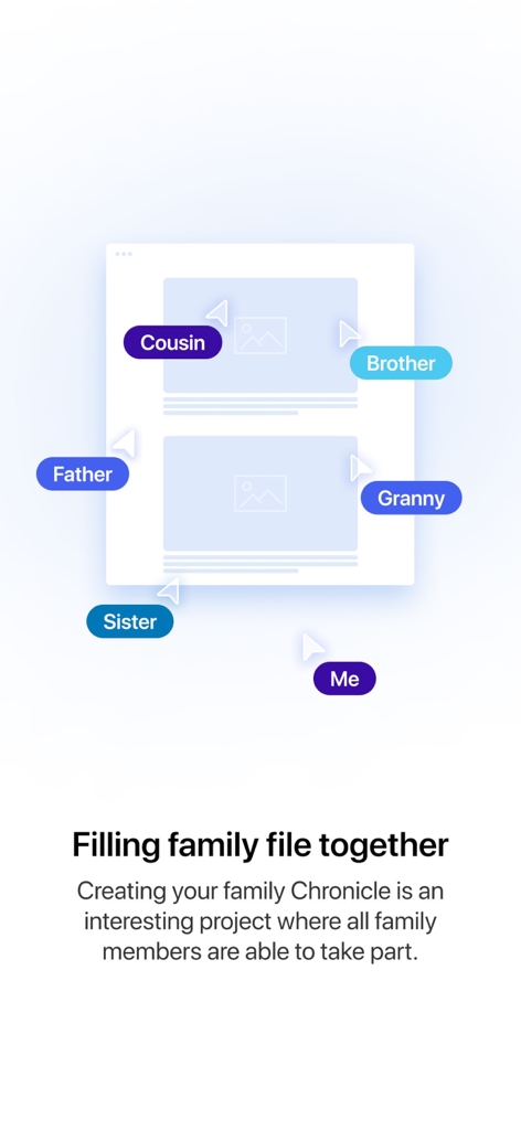 Family Legends - Graphic showing multiple family members contributing to a collective family history chronicle in the Family Legends app