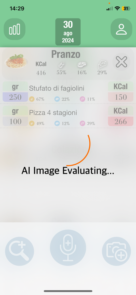 Calorie Tracker & Fasting AI - Interfaz de la aplicación rastreadora de calorías que muestra a la IA evaluando una imagen de comida para calcular los datos nutricionales.