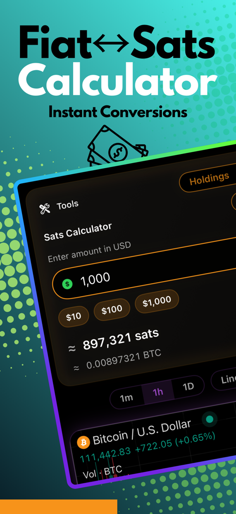 Bitcoin Live Price & Portfolio - ビットコインアプリのダッシュボード。即時換算のための法定通貨からサトシへの計算機を表示。