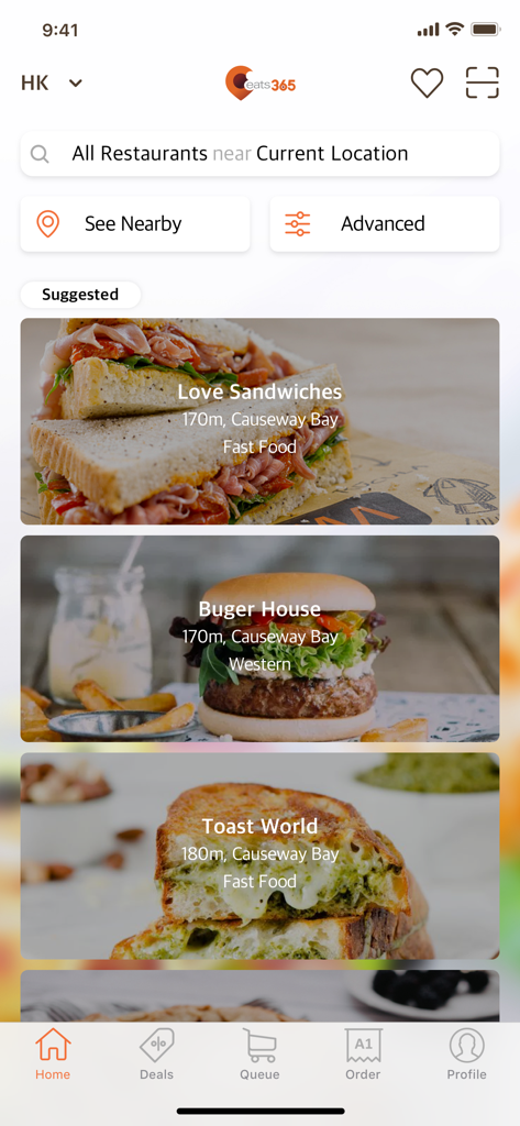 Eats365 - Eats365 app home screen showing suggested restaurants and search options