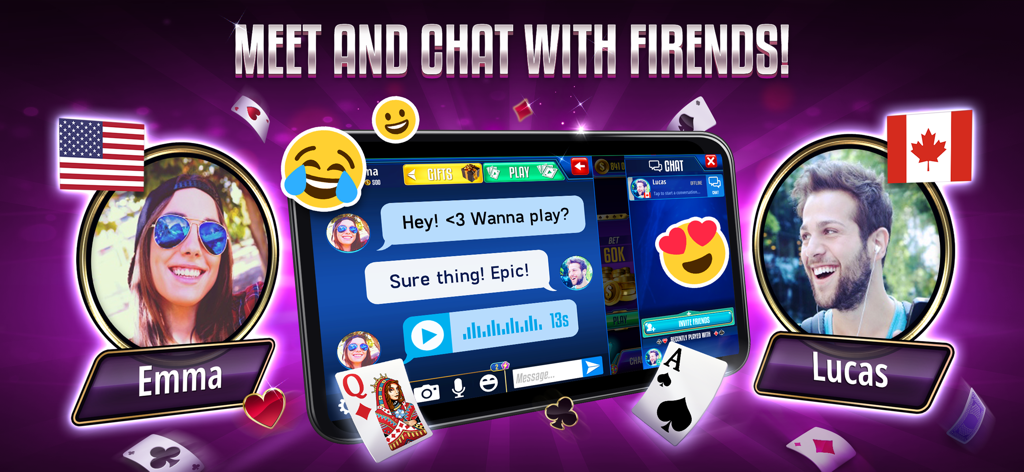 Jugadores chateando y usando emojis en la aplicación móvil Gin Rummy Legends