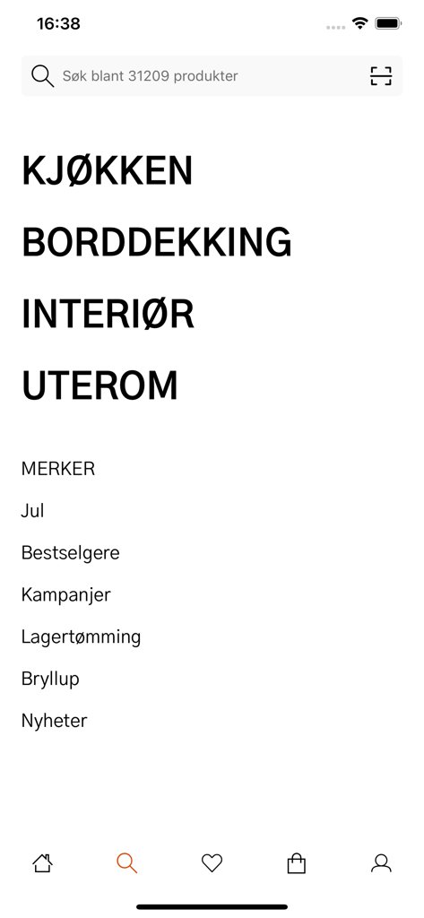 Kitch'n - Menu delle categorie principali dell'app Kitch'n che mostra opzioni per Cucina, Tovagliato, Interni e Liste Matrimonio.