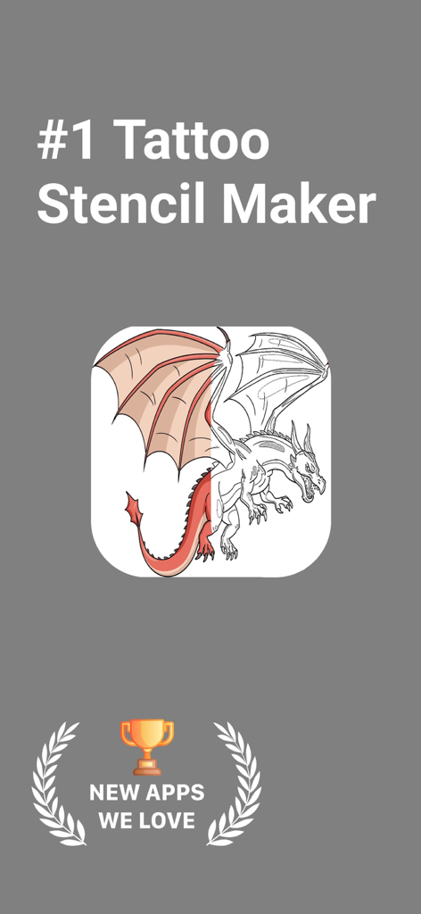 Pantalla de la aplicación Tattoo Stencil Maker Pro que muestra una ilustración de dragón siendo convertida en una plantilla de arte lineal en blanco y negro