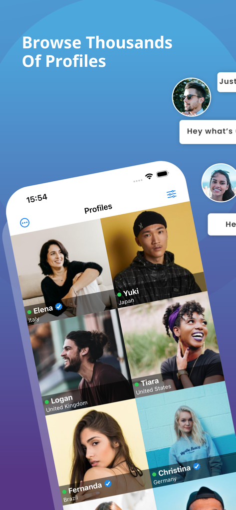 Oberfläche der My Transgender Date App, die ein Raster von vielfältigen Benutzerprofilen aus aller Welt zeigt.