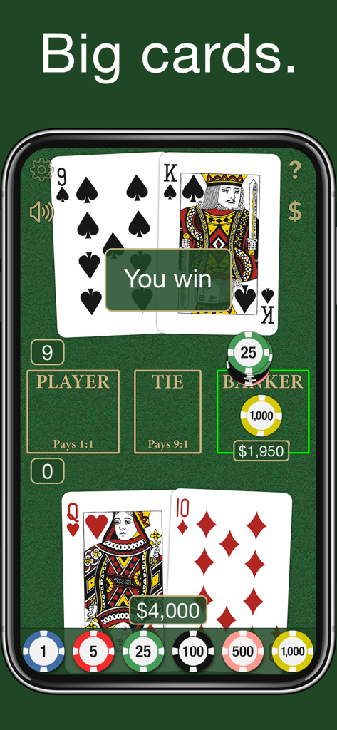 Baccarat ∙ - Baccarat Mobile Game Oberfläche mit großen Spielkarten und einem gewinnenden Blatt auf einem grünen Casino-Tisch