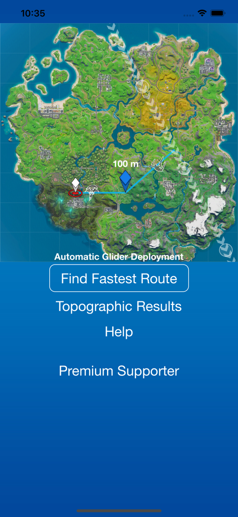 CoPilot - Landing Assistant - Interface of CoPilot Landing Assistant showing a calculated flight path on a Fortnite map.