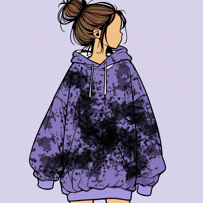 realistic girl with a oversized sweatshirt on and a bun
