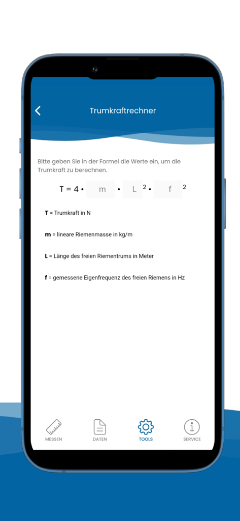 TMconnect - TMconnect app screen showing a belt span force calculator and formula for industrial maintenance