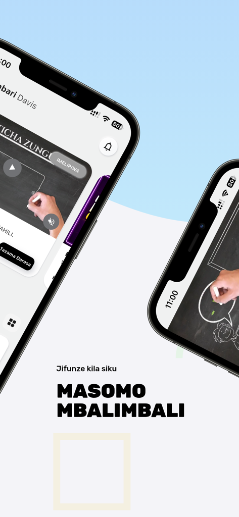 Ticha Zungu - Interfaccia dell'app Ticha Zungu 2.0 che mostra lezioni di sviluppo professionale e contenuti video di masterclass su telefoni cellulari.