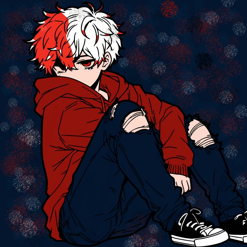 a male hoddie ripped jeans messy hair anime
