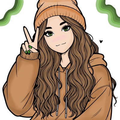 a teenage girl in a beanie, oversized sweatshirt, wavy long hair, and is showing a ✌️