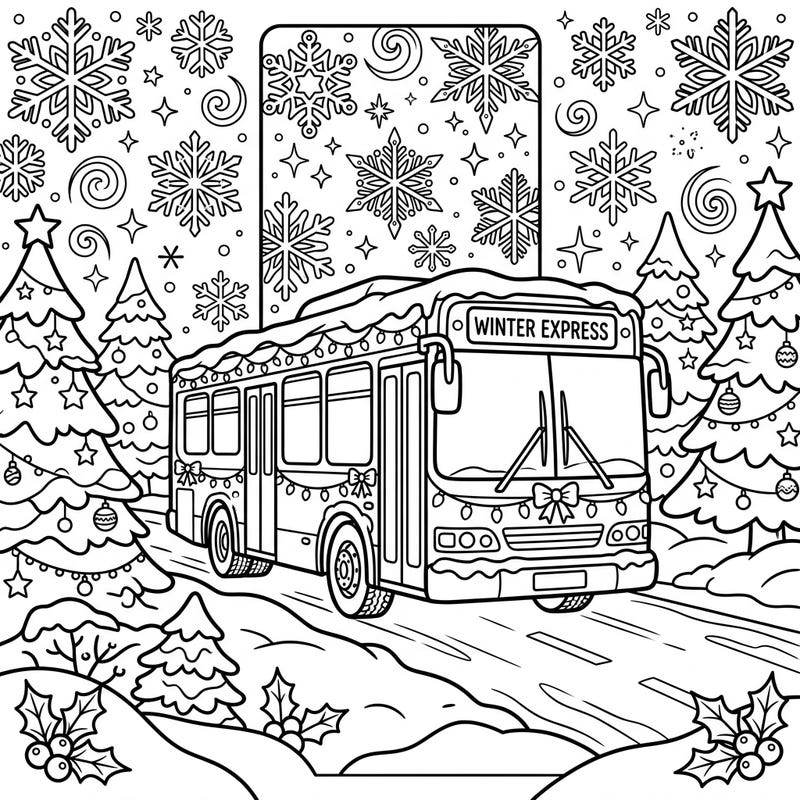 Get ready for a heartwarming ride with this delightful city bus coloring page, perfectly designed as a festive winter bookmark. Immerse yourself in a snowy scene complete with decorated pine trees, holiday lights, and a charming 'Winter Express' bus.