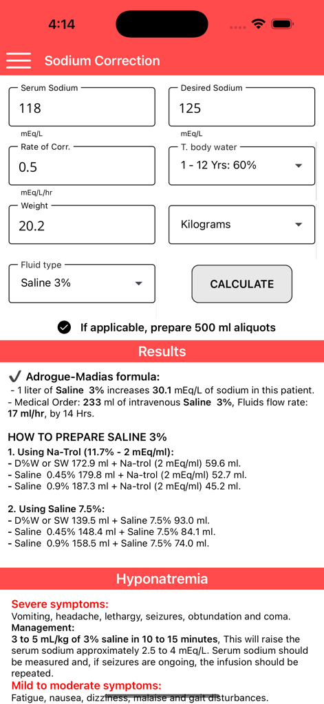 PediaTools app interface showing the sodium correction calculator and hyponatremia treatment results.