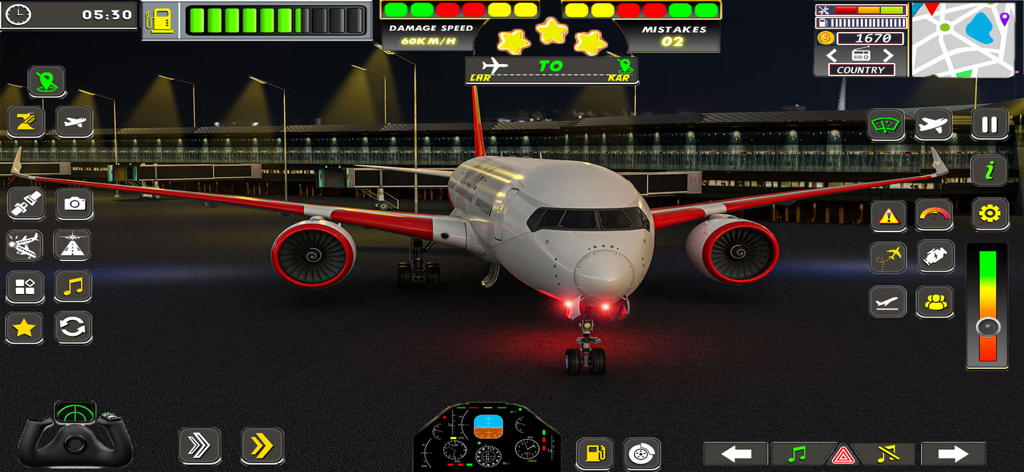 Sky Route Missions - A white and red airplane on an airport runway at night with a flight simulator interface