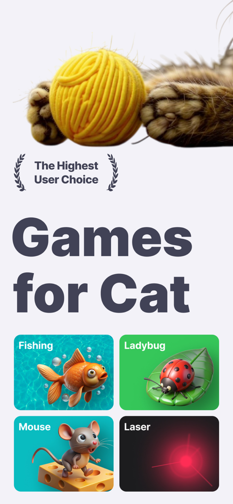 Écran principal de l'application Jeux pour chats montrant les options de jeu pour la pêche, la coccinelle, la souris et le pointeur laser