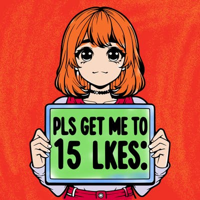 realistic girl holding up a sign that says “pls get me to 15 likes!”
