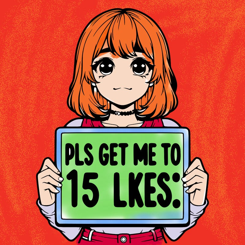 realistic girl holding up a sign that says “pls get me to 15 likes!”