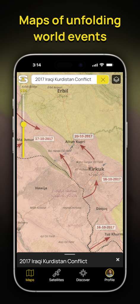Soar - The New Atlas - A screenshot of the Soar app displaying a historical map of the 2017 Iraqi Kurdistan Conflict with directional arrows and event dates.