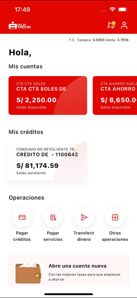 ソルでの口座残高と、公共料金の支払いまたは送金オプションが表示されるカハ・タクナモバイルアプリのホーム画面