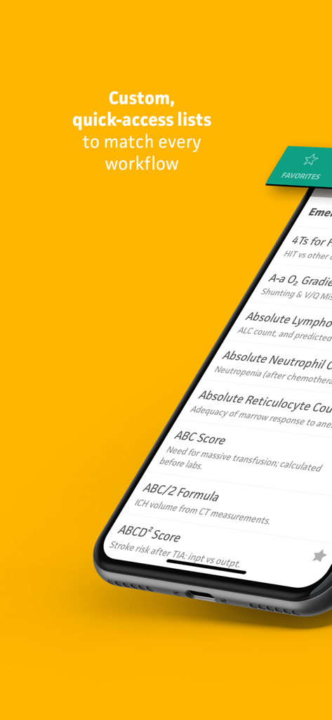 MDCalc app interface showing a custom quick access list of medical calculators and clinical decision tools