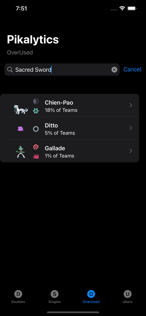 Pikalytics: Battle Strategy - Search results for the Sacred Sword move showing Pokemon usage percentages in the Pikalytics app