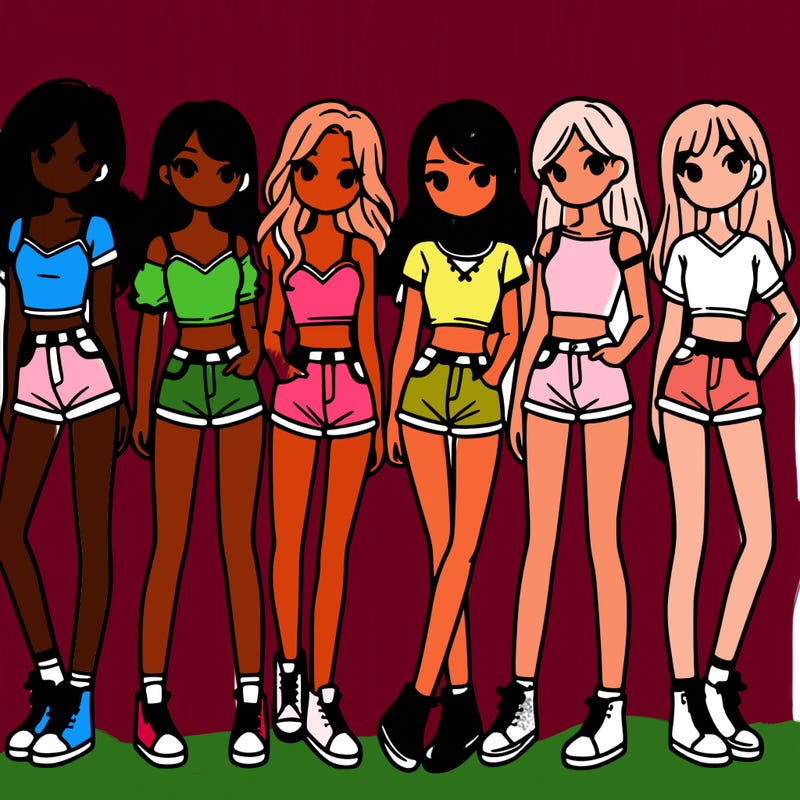 a group of girls wearing crop tops and shorts