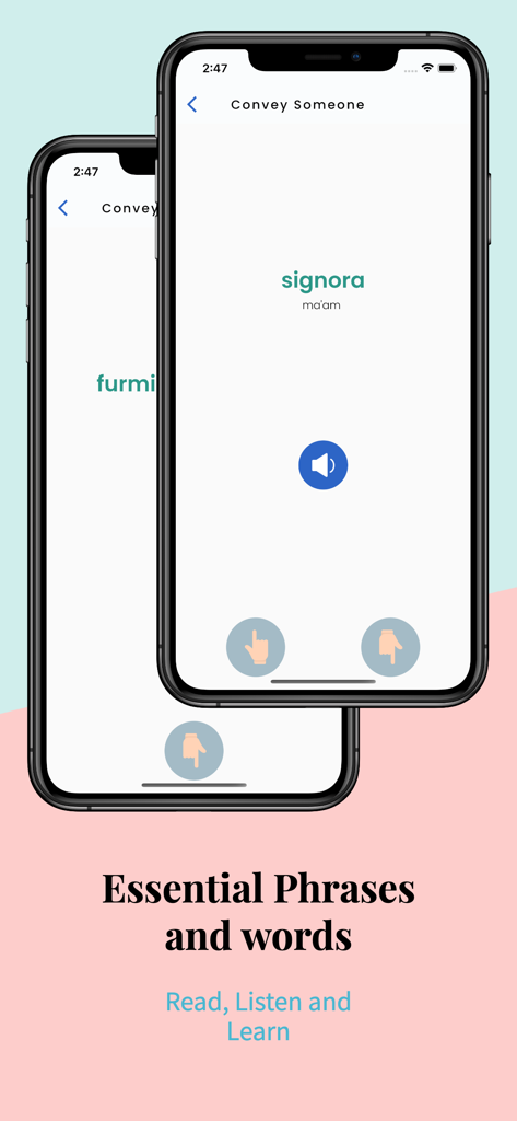 Learn Italian Language Easily - Italian language learning app interface showing essential phrases with audio playback and offline mode